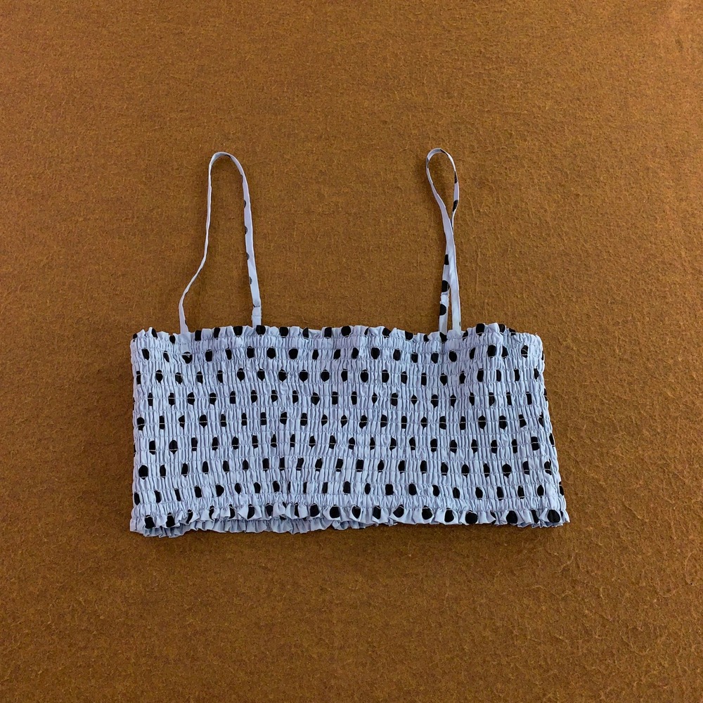 Kimchi Blue Womens Large Blue Polka Dot Smocked Strappy Crop Top NWT